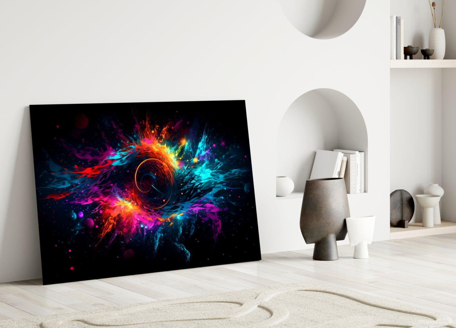 Vibrant abstract glass wall art leaning against white wall in minimalist room with decorative objects and shelving.