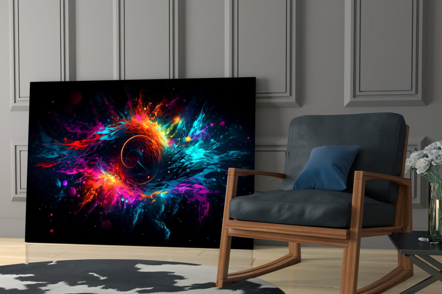 Vibrant abstract glass wall art with neon red, blue, and cyan explosive patterns displayed in modern living room beside wooden chair.