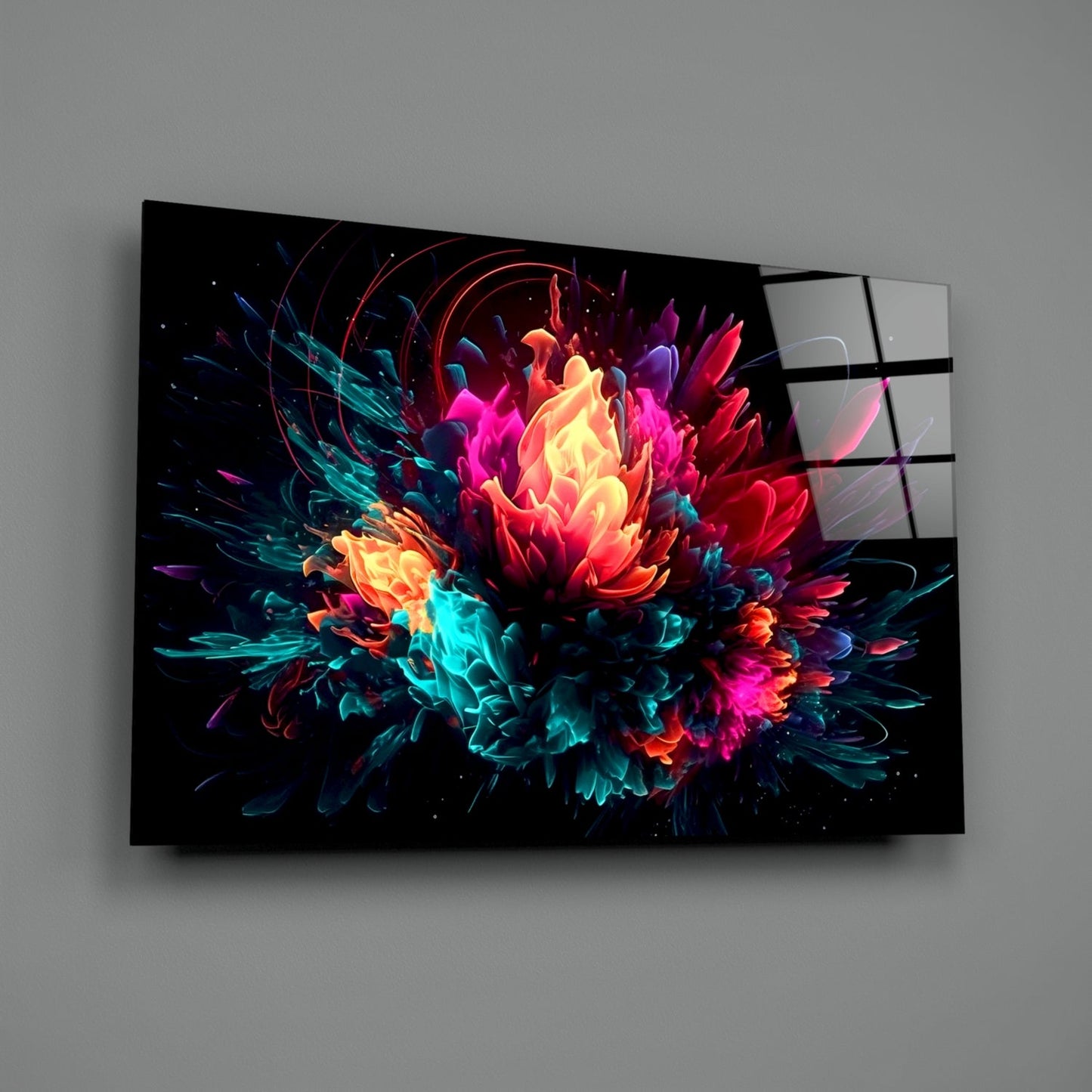 Neon Bloom Color Explosion On Black Glass Wall Art