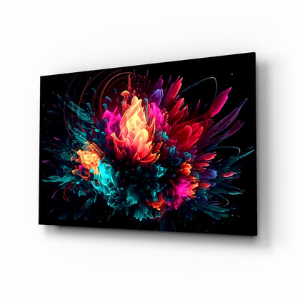 Neon Bloom Color Explosion On Black Glass Wall Art