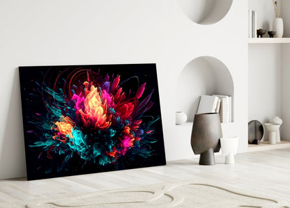 Neon Bloom Color Explosion On Black Glass Wall Art