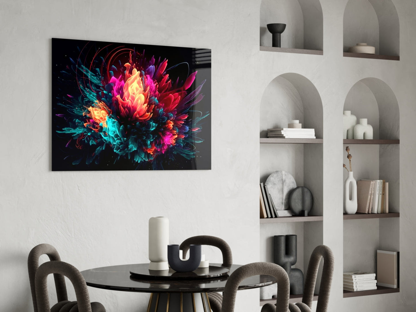 Neon Bloom Color Explosion On Black Glass Wall Art