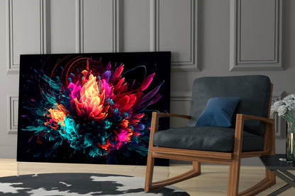 Neon Bloom Color Explosion On Black Glass Wall Art