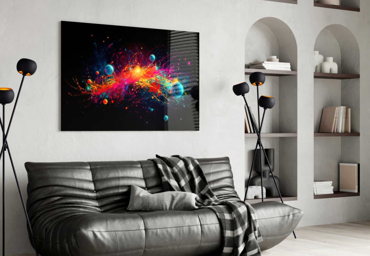 Neon Paint Burst With Planets Glass Wall Art