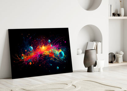 Neon Paint Burst With Planets Glass Wall Art