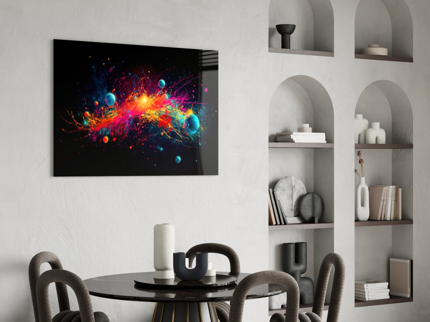 Neon Paint Burst With Planets Glass Wall Art