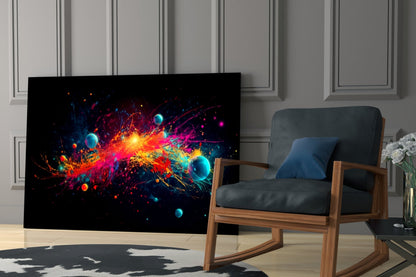 Neon Paint Burst With Planets Glass Wall Art