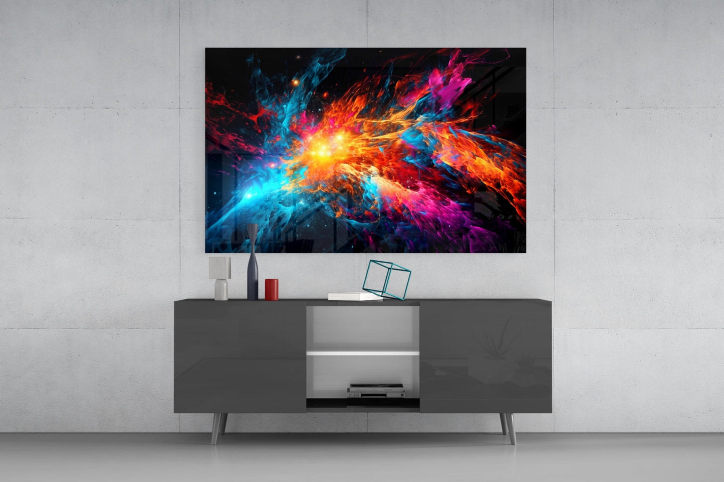 Blue Orange Star Burst Flare Glass Wall Art