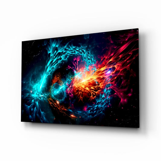 Angled perspective of glass wall art displaying cyan and red energy swirls against black background.