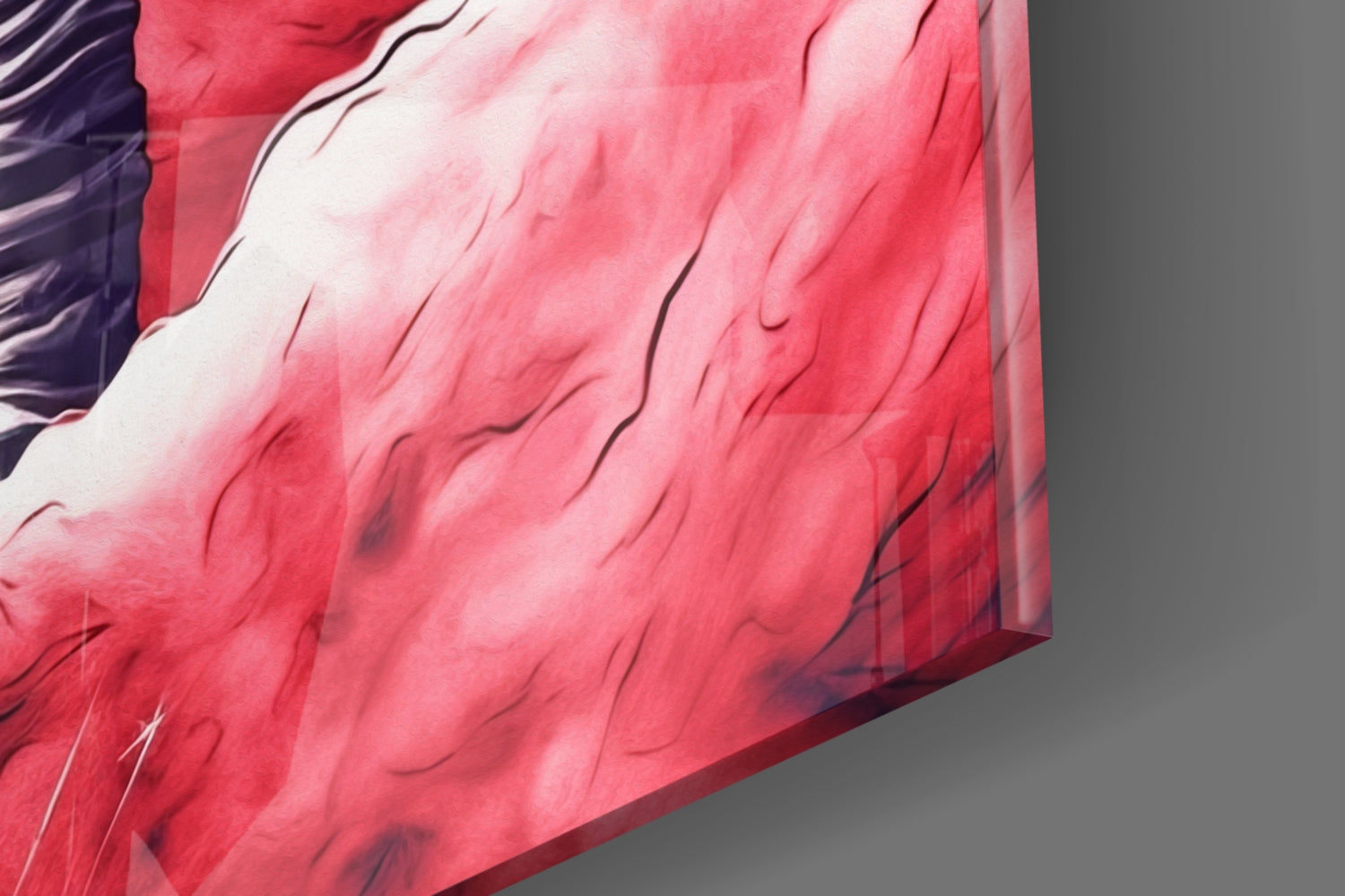 Close-up detail of pink and white gradient glass wall art with flowing brushstroke textures and dark line work.