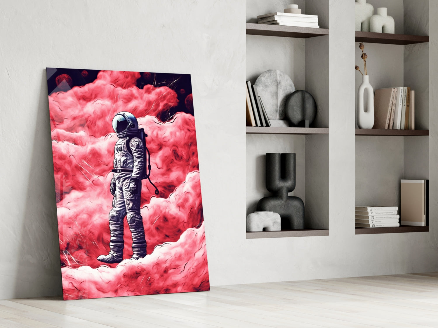 Vibrant pink glass wall art depicting an astronaut in spacesuit standing on a red planet surface, leaning against white shelving unit.