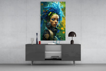 Blue Haired Cyber Warrior Green Glow Glass Wall Art
