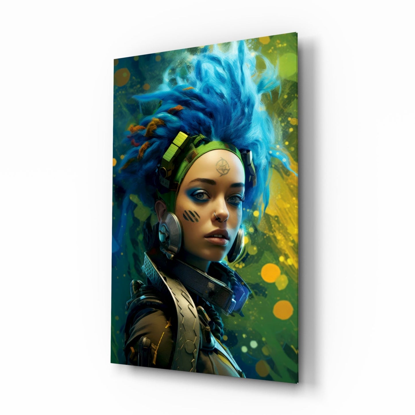 Blue Haired Cyber Warrior Green Glow Glass Wall Art