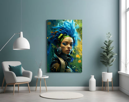 Blue Haired Cyber Warrior Green Glow Glass Wall Art