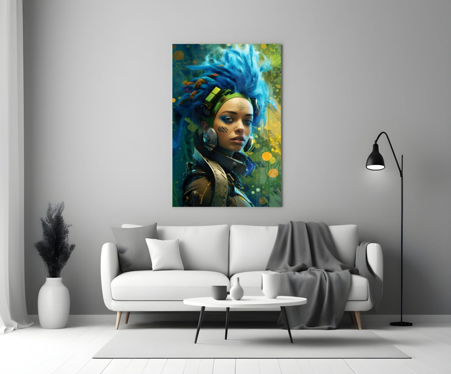 Blue Haired Cyber Warrior Green Glow Glass Wall Art