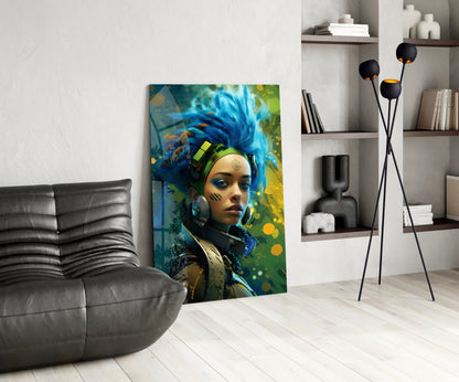 Blue Haired Cyber Warrior Green Glow Glass Wall Art