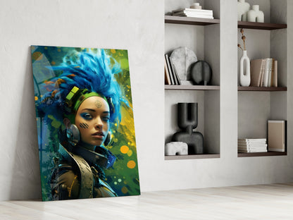 Blue Haired Cyber Warrior Green Glow Glass Wall Art