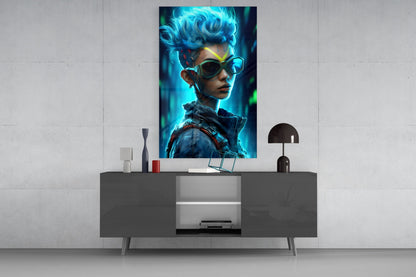 Blue Mohawk Cyber Girl Neon Visor Glass Wall Art