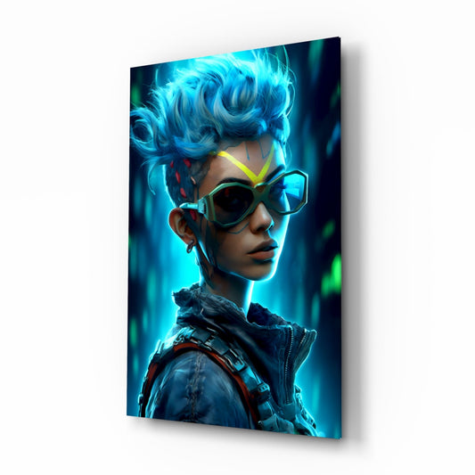 Profile view of neon-lit glass wall art depicting a figure with bright blue curled hair, geometric sunglasses, and dark jacket against glowing cyan and green background.