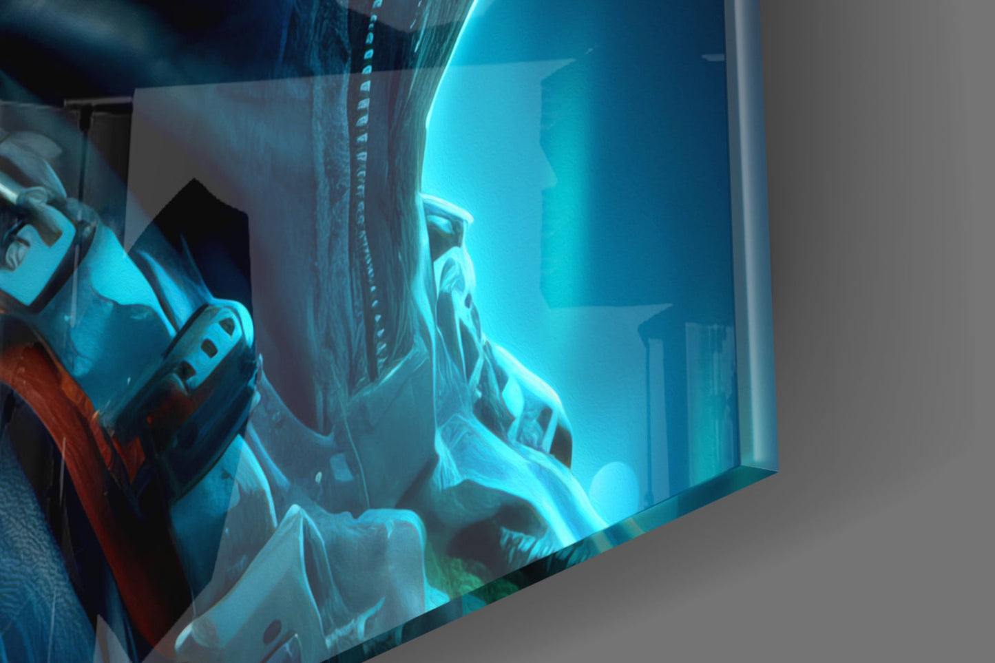 Blue Mohawk Cyber Girl Neon Visor Glass Wall Art