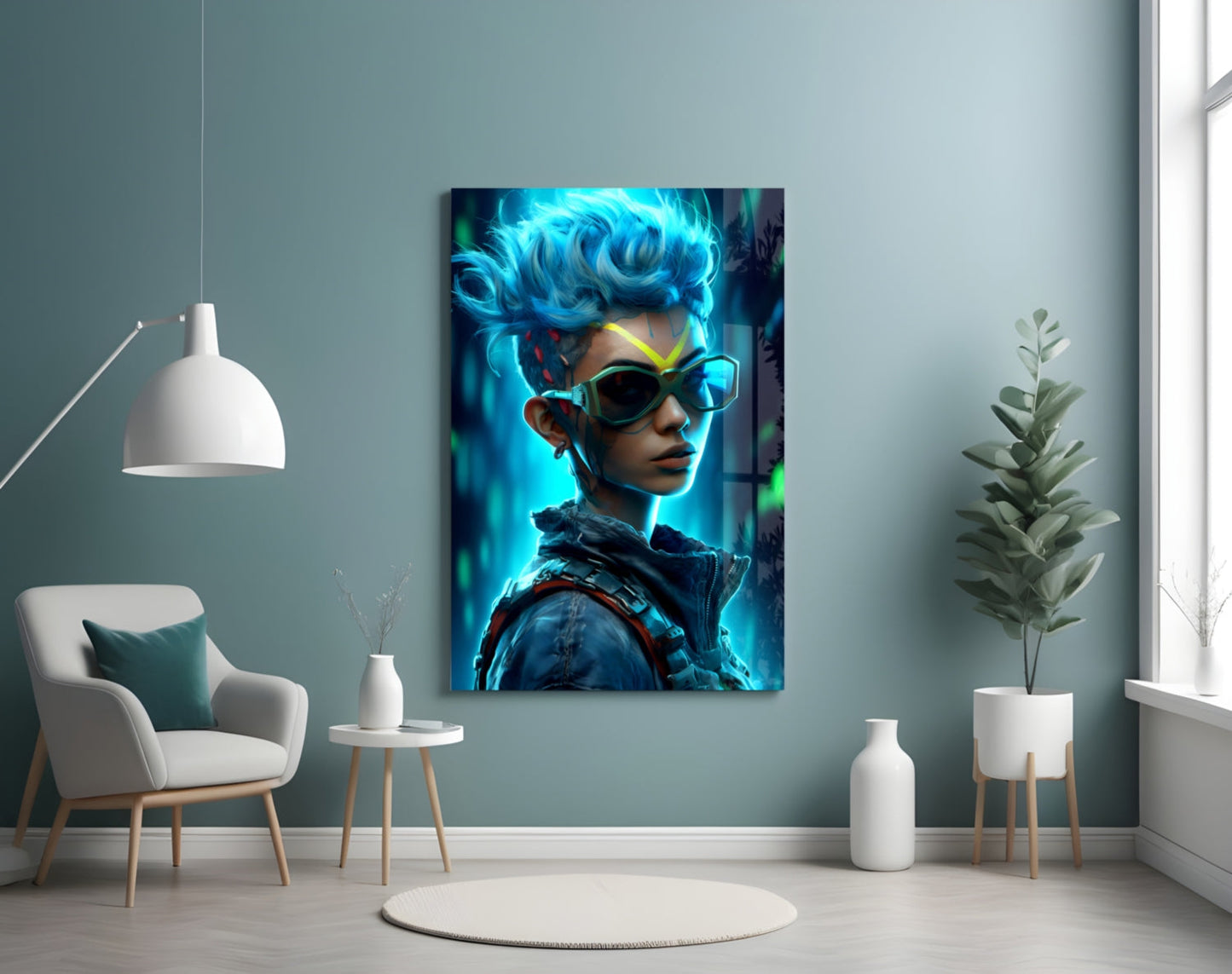 Blue Mohawk Cyber Girl Neon Visor Glass Wall Art