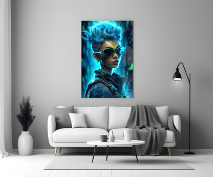 Blue Mohawk Cyber Girl Neon Visor Glass Wall Art