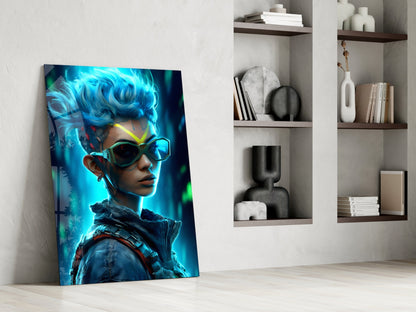 Blue Mohawk Cyber Girl Neon Visor Glass Wall Art