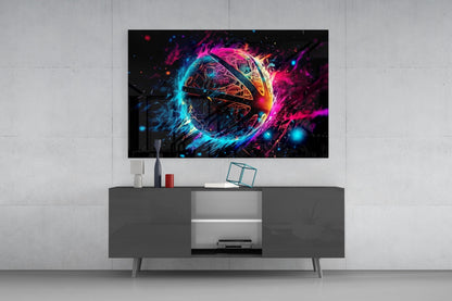 Neon glowing fireball glass art displayed on wall above dark media console in modern living room setting.