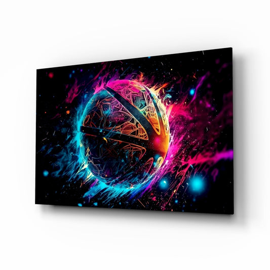 Angled perspective of glass wall art displaying a neon-glowing sphere with vibrant blue, magenta, and yellow energy effects against black background.