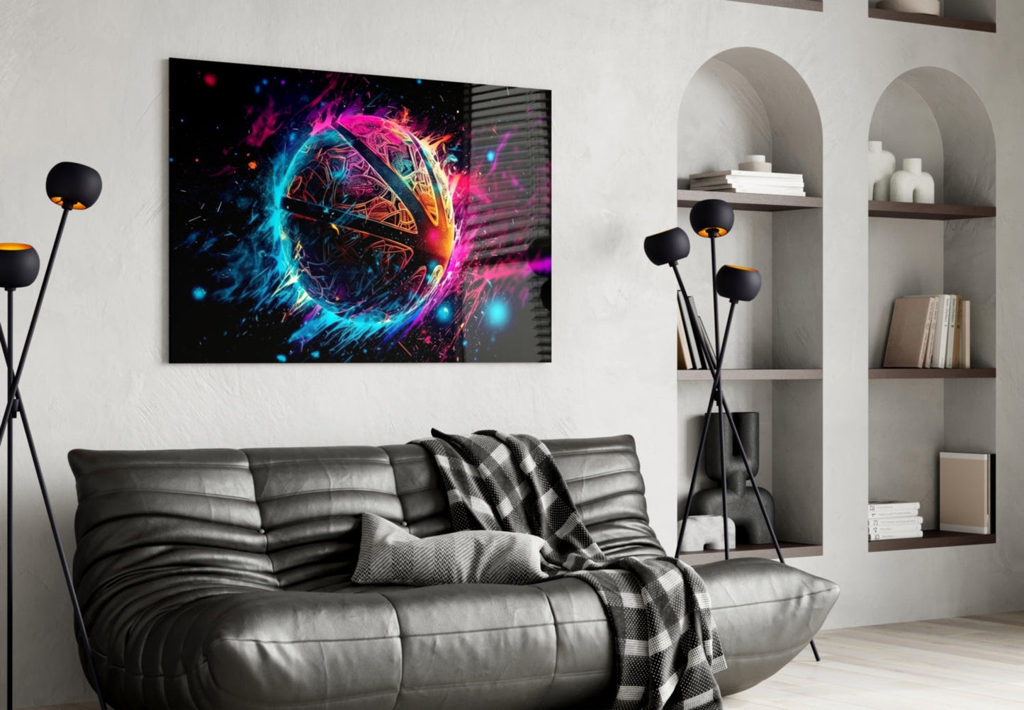 Neon glowing fireball glass art displaying blue, pink, and orange colors mounted above gray leather sofa in modern living room.