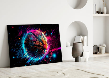 Neon fireball glass art leaning against wall in minimalist white room with shelving and decor.