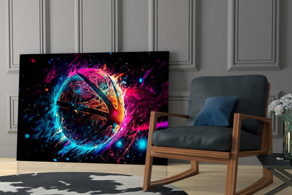 Neon fireball glass art with blue, magenta, and yellow glowing effects displayed on TV screen in modern living room setting.