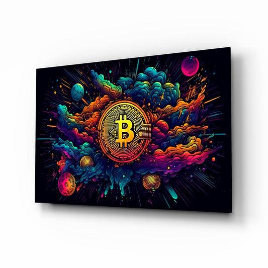 Angled perspective of glass wall art featuring vibrant neon Bitcoin symbol surrounded by swirling multicolored clouds against black background.