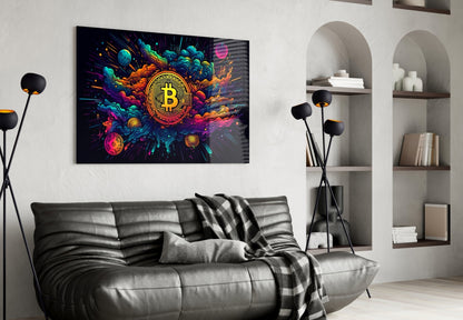 Cosmic Clouds Neon Bitcoin Blast Glass Wall Art