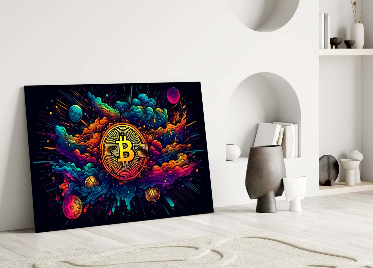 Cosmic Clouds Neon Bitcoin Blast Glass Wall Art