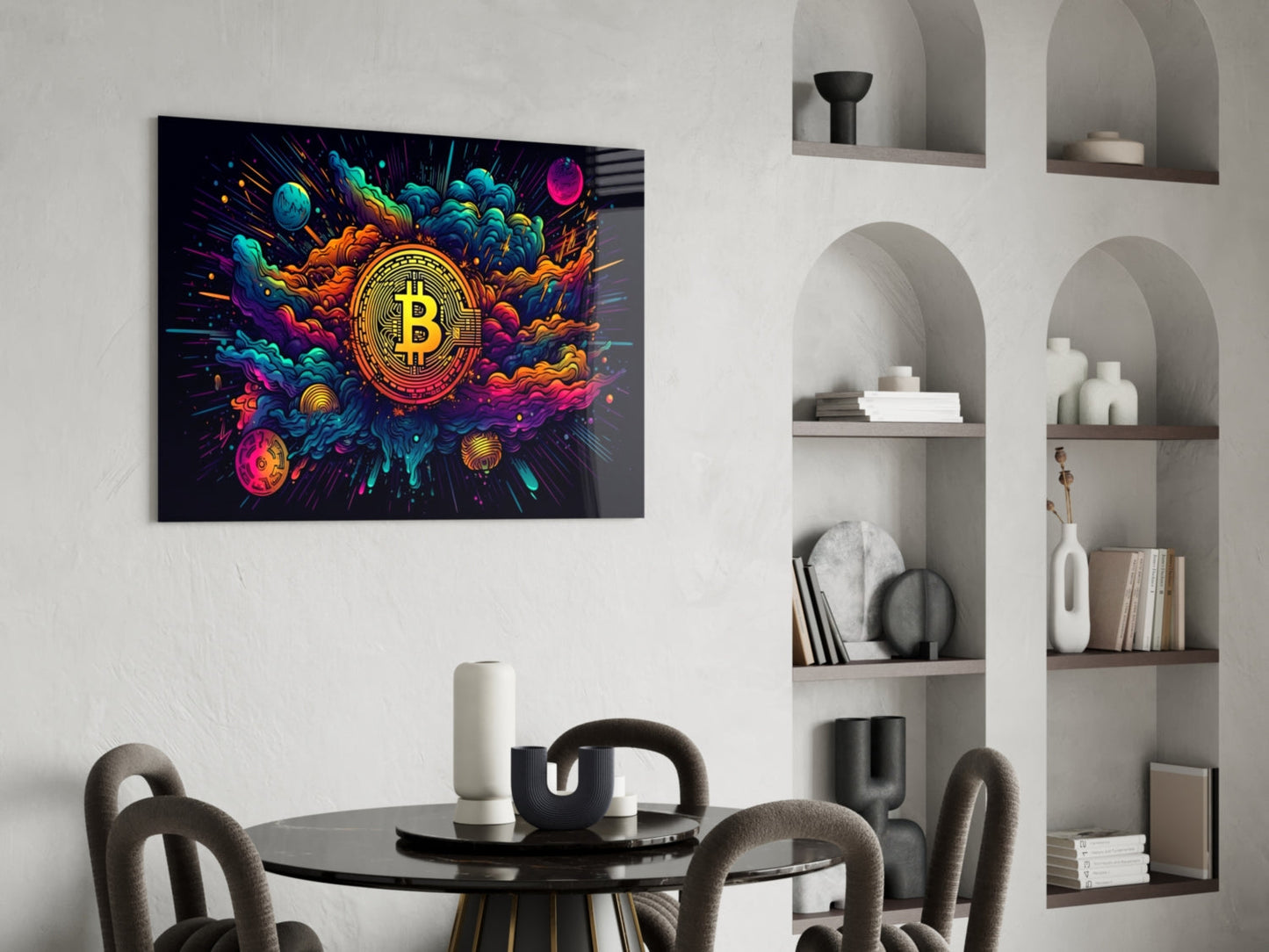 Cosmic Clouds Neon Bitcoin Blast Glass Wall Art