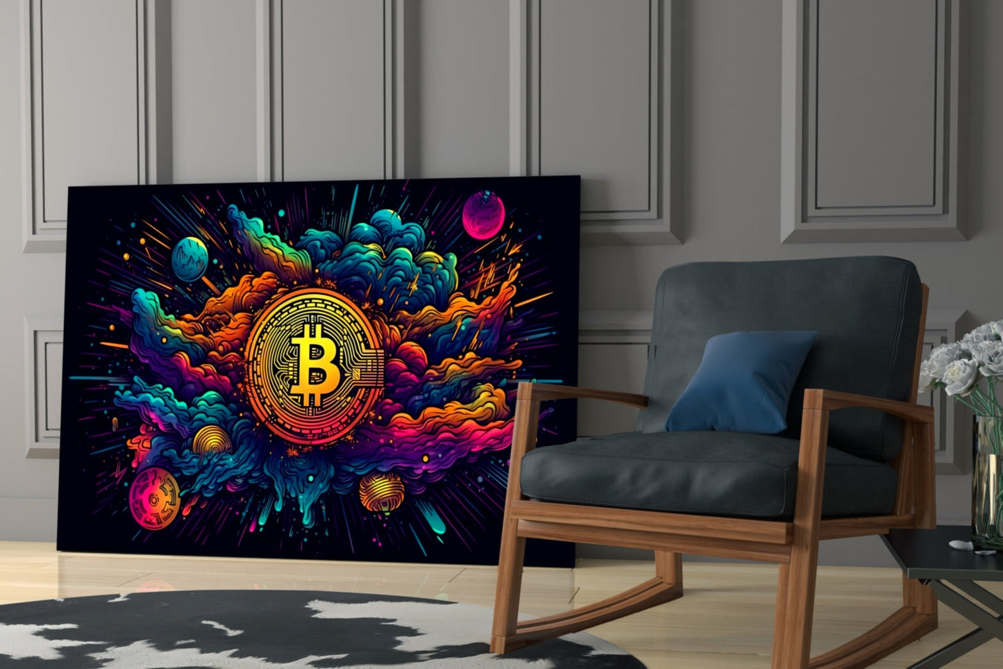 Cosmic Clouds Neon Bitcoin Blast Glass Wall Art