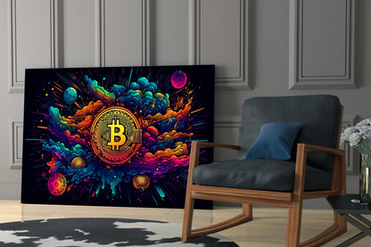 Cosmic Clouds Neon Bitcoin Blast Glass Wall Art
