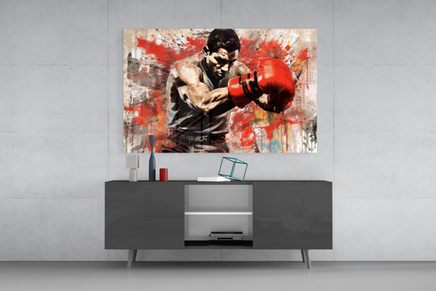 Red Splatter Gloves Boxer Glass Wall Art