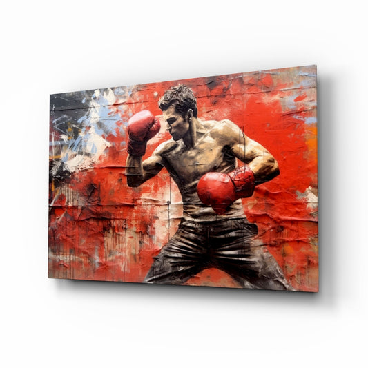 Glass wall art displaying a shirtless boxer in red gloves in fighting stance against textured red and white background.