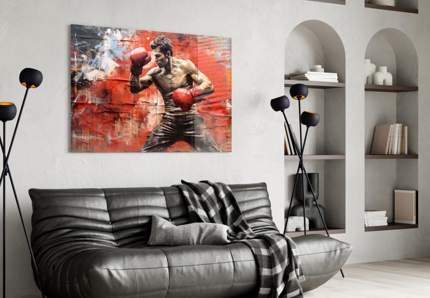 Red Wall Crouching Boxer Glass Wall Art
