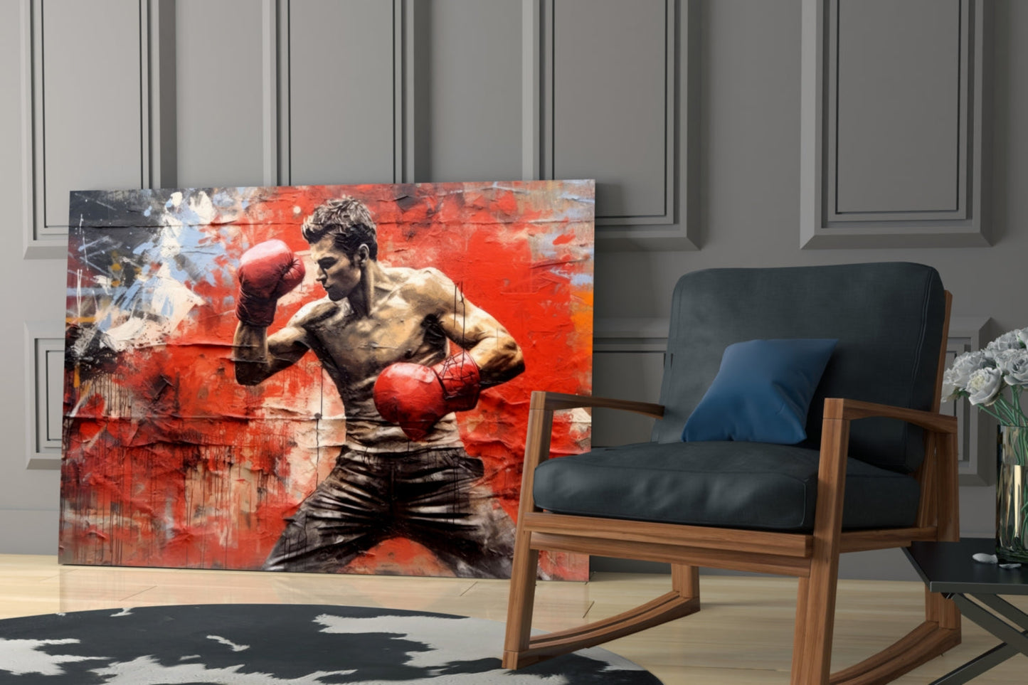 Red Wall Crouching Boxer Glass Wall Art
