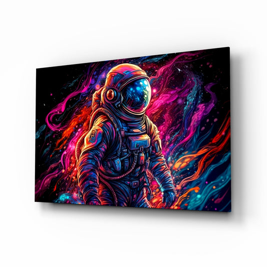 Angled perspective of neon glass wall art featuring a colorful astronaut in a spacesuit surrounded by vibrant pink, blue, orange, and purple swirling nebula effects.