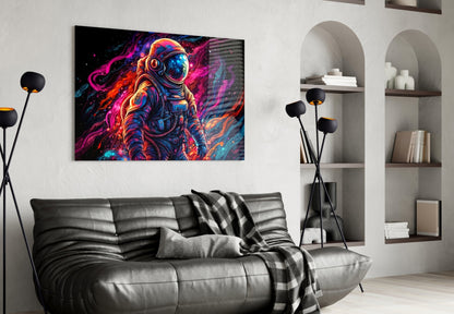 Neon Nebula Astronaut Glass Wall Art