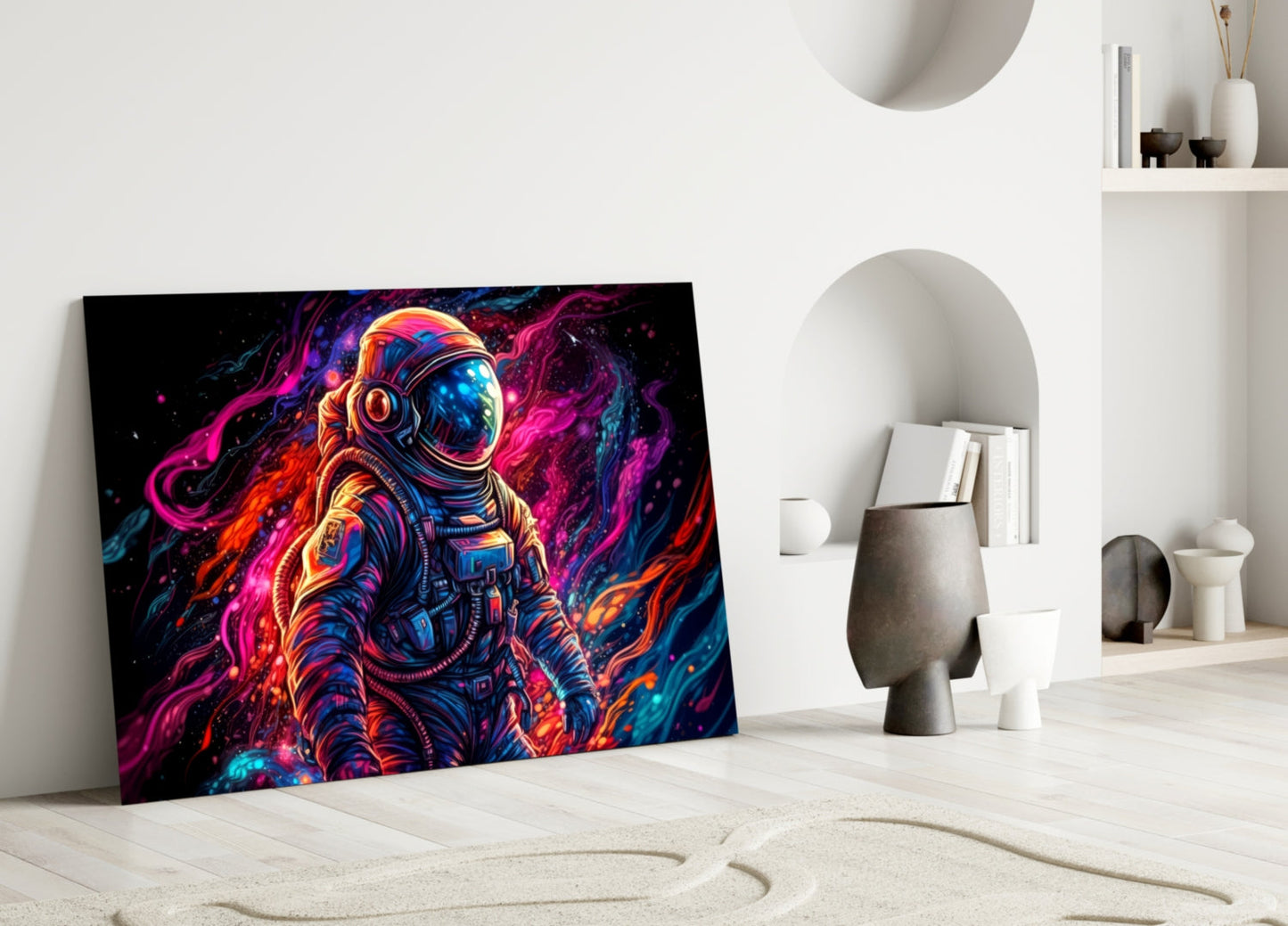 Neon Nebula Astronaut Glass Wall Art