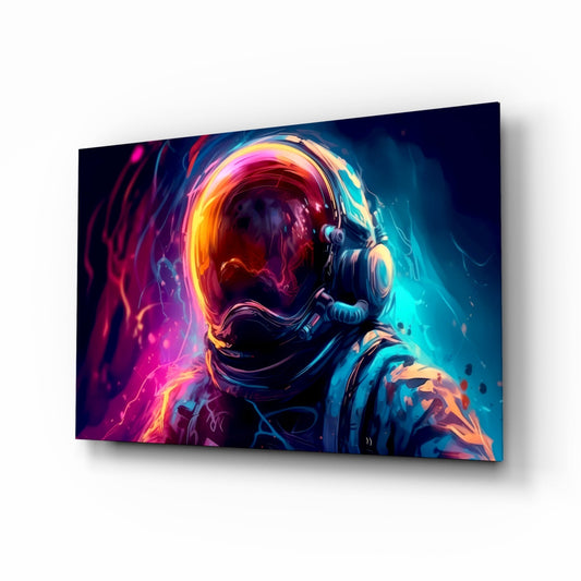 Angled perspective of glass wall art featuring a neon-lit astronaut helmet glowing with pink, orange, and cyan colors against a dark background.