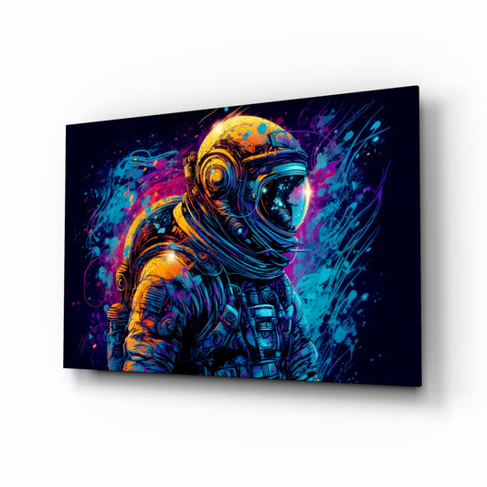 Angled view of a glass wall art panel displaying a neon-colored astronaut in profile against a dark background, with vibrant yellow, blue, cyan, and magenta splatter effects.