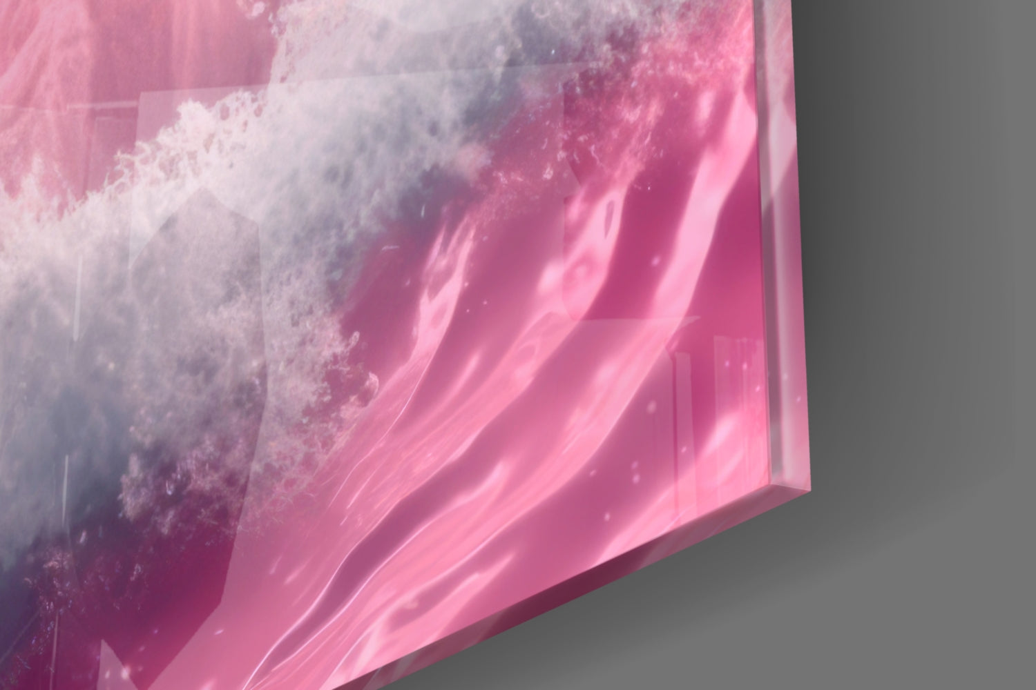 Close-up angled view of pink glass wall art with white crystalline texture and flowing striped patterns against gray background.