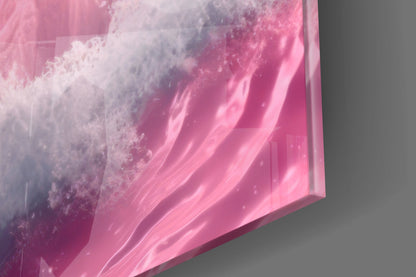 Close-up angled view of pink glass wall art with white crystalline texture and flowing striped patterns against gray background.