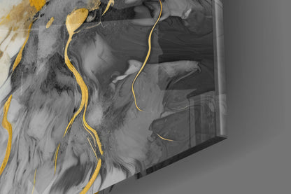 Gold Veined Charcoal Marble Swirl Glass Wall Art